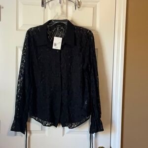 Forever 21 Women’s Boho Sheer Lace Button Down Long Bell Sleeves Top Size Large